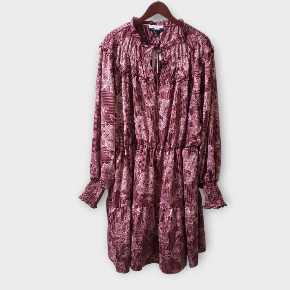 NWT Eloquii Elements Womens 26/28 Floral Ruffle Tiered Mini Dress Burgundy